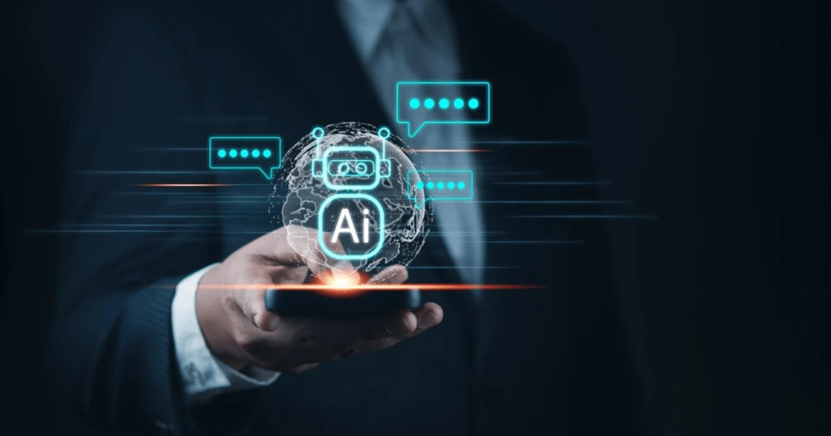 AI Chatbot Concept in Front of Suit Man